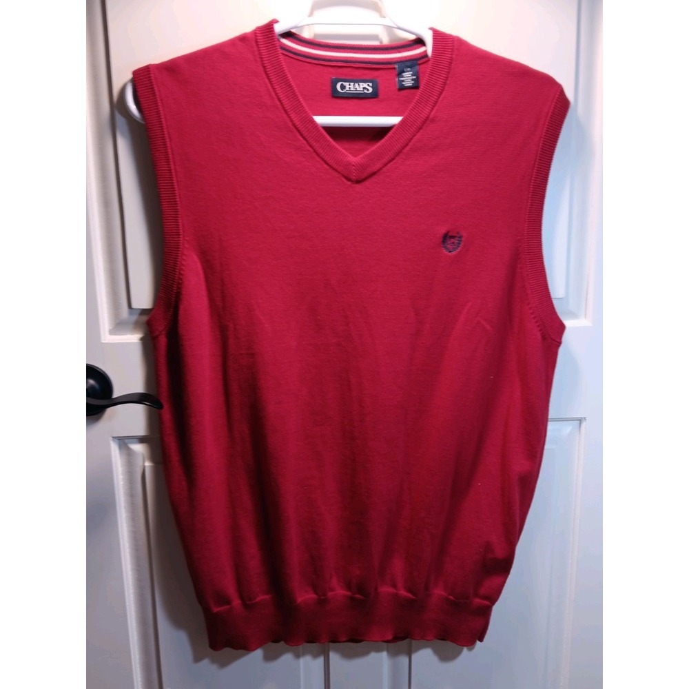 Chaps Sweater Vest Mens Large Red V-Neck Cotton Blend Pullover Logo Sleeveless